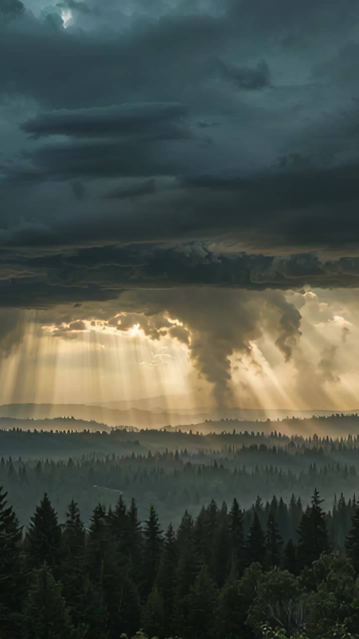 Vertical video: Descending funnel cloud fading, reforming over forest, sunbeams piercing cloud base