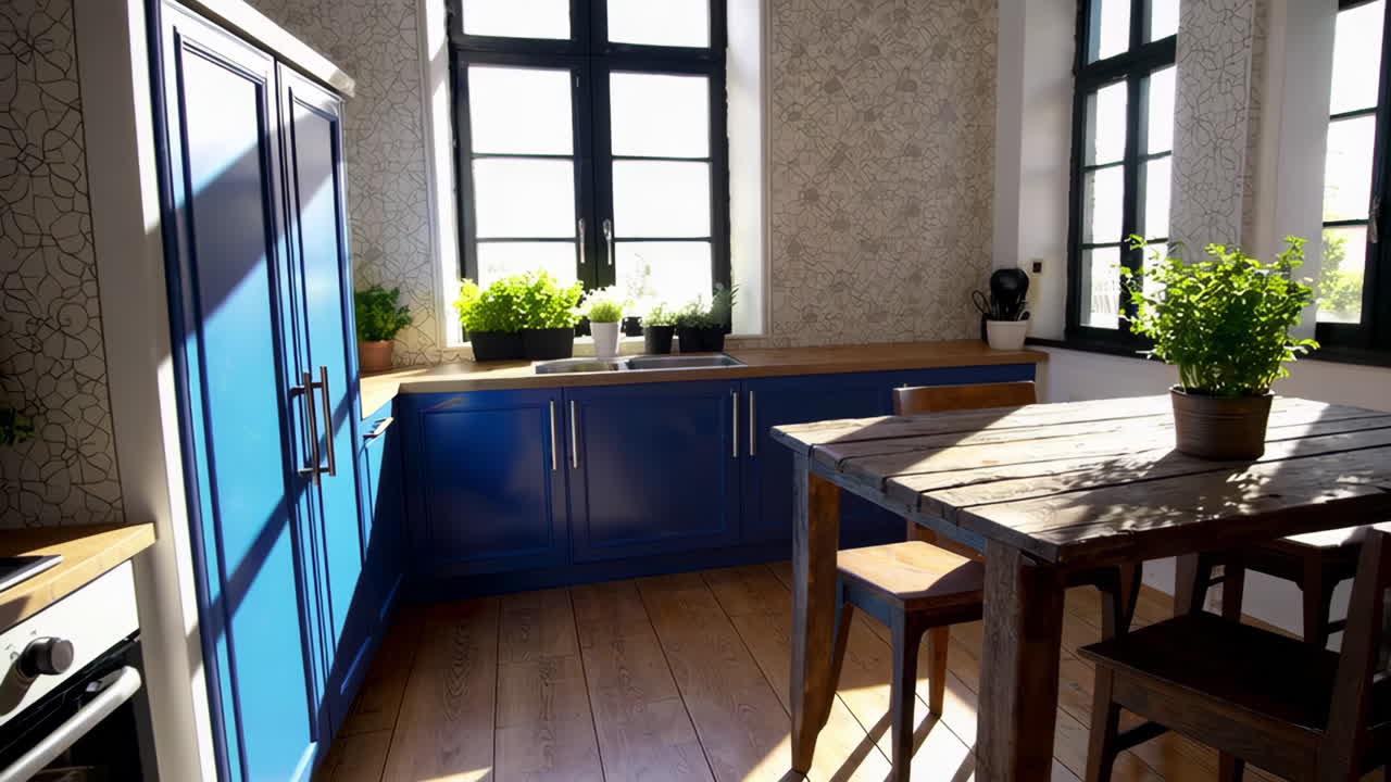 A modern kitchen and bright interior spaces with patterned rugs and natural light