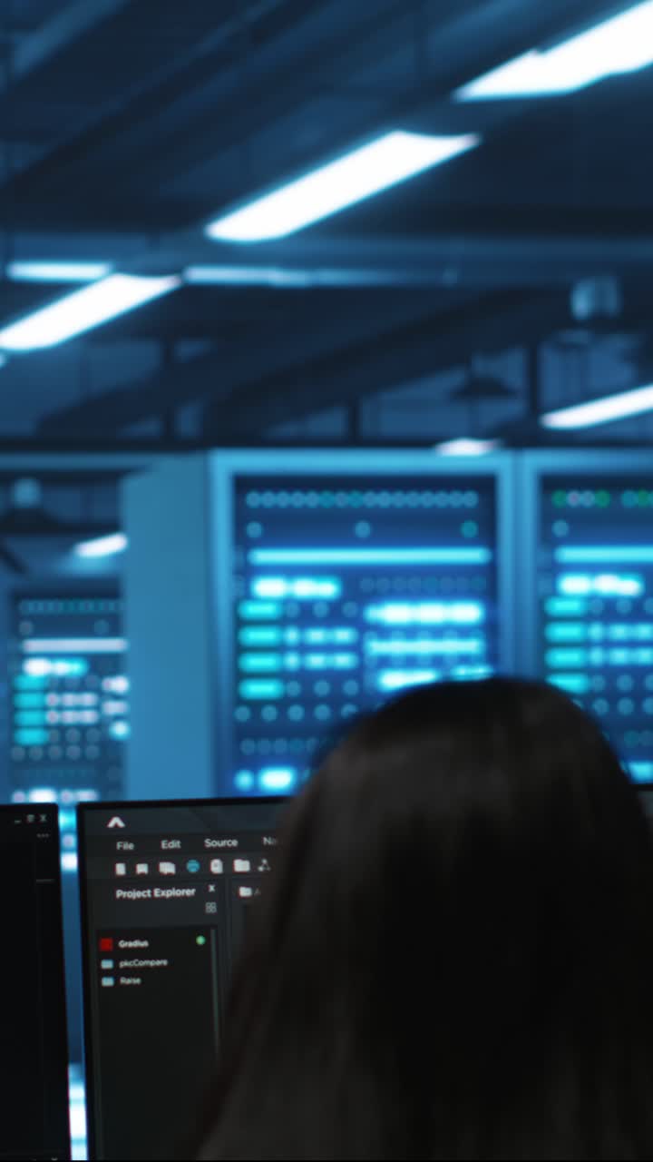 Programmatore che lavora su un portatile in un data center