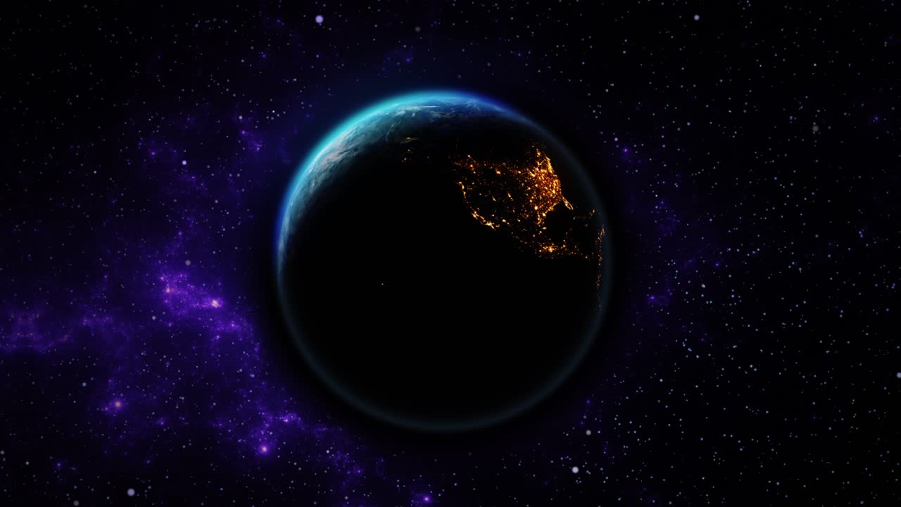 Closeup view of blue earth from space at night and day lights on planet loop animation beautiful