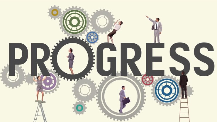 Business people running and turning cogs