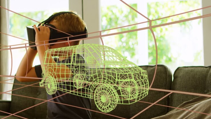 Animation of 3d technical drawing of van, over boy at home wearing vr headset