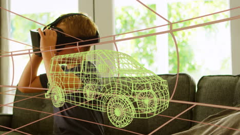 animación de dibujo técnico 3d de la furgoneta, sobre el niño en casa con auriculares vr