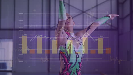 animation of financial data processing over caucasian female gymnast