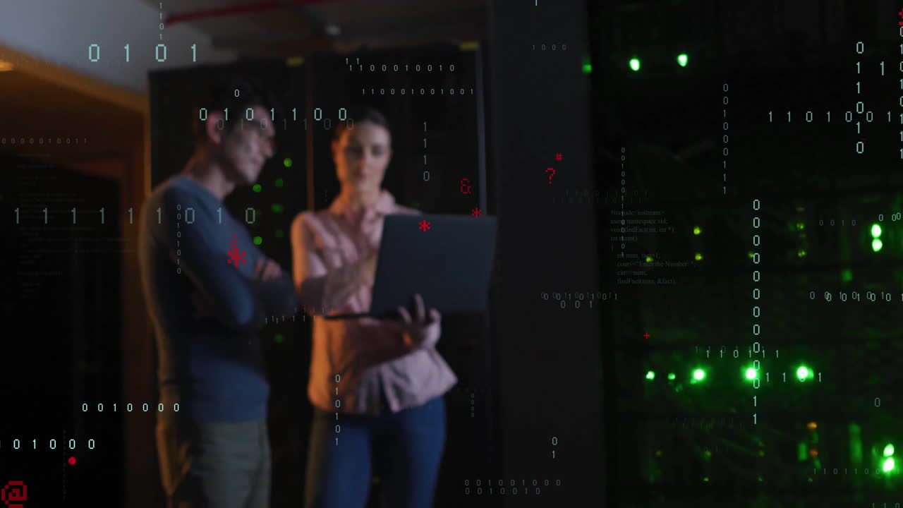 Two people analyzing data on laptop with binary code animation overlay