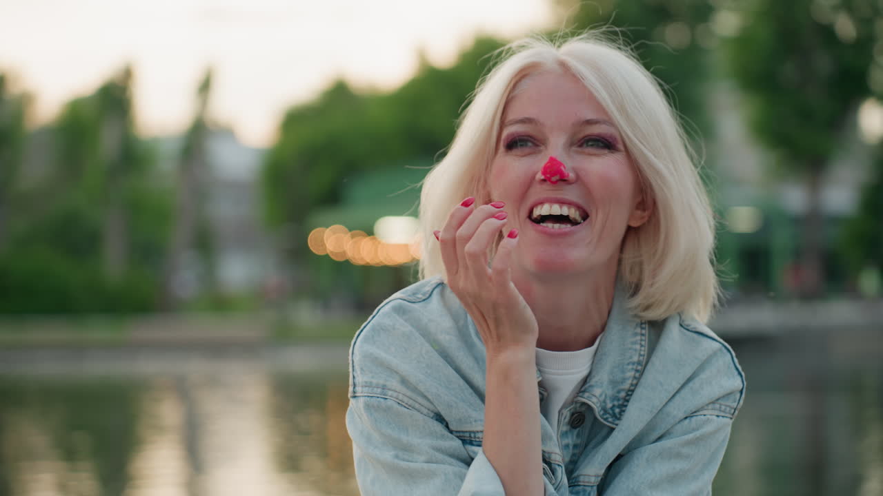 close up of playful mom with bright paint on nose balancing brush while seated outdoors by water at golden hour in park setting, denim jacket, gentle smile, whimsical art moment, warm light