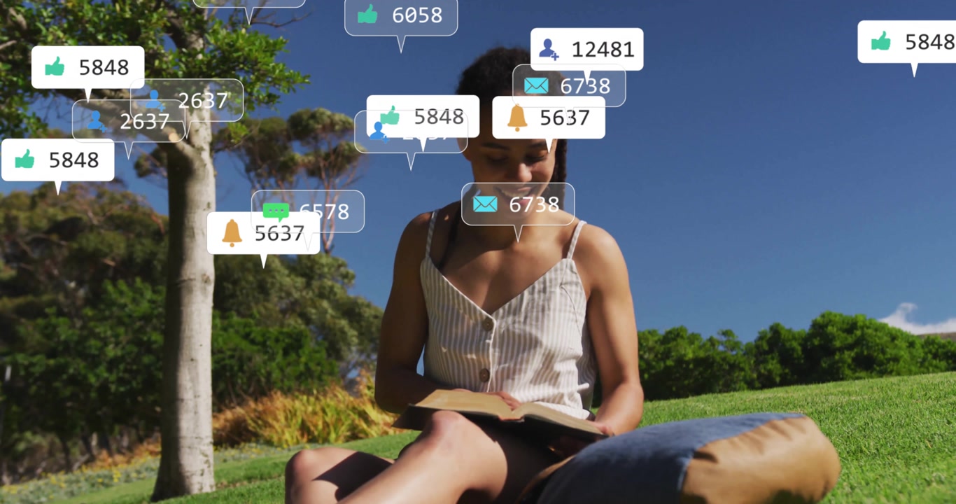 Reader opening book sparking floating icons around shoulders illustrating social media engagement