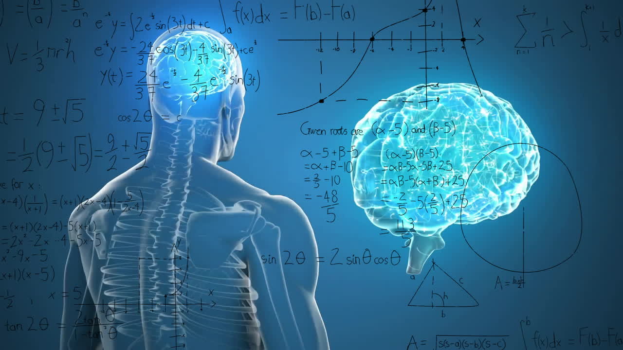 Animation of spinning brain over mathematical equations