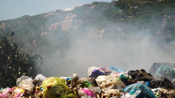 Close up shot of burning trash,plastic and garbage in Vietnam during summer