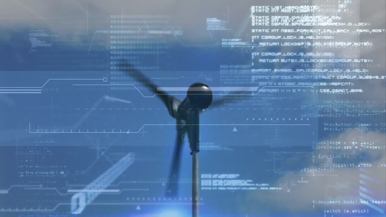 Animation of financial data processing over wind turbine and sky