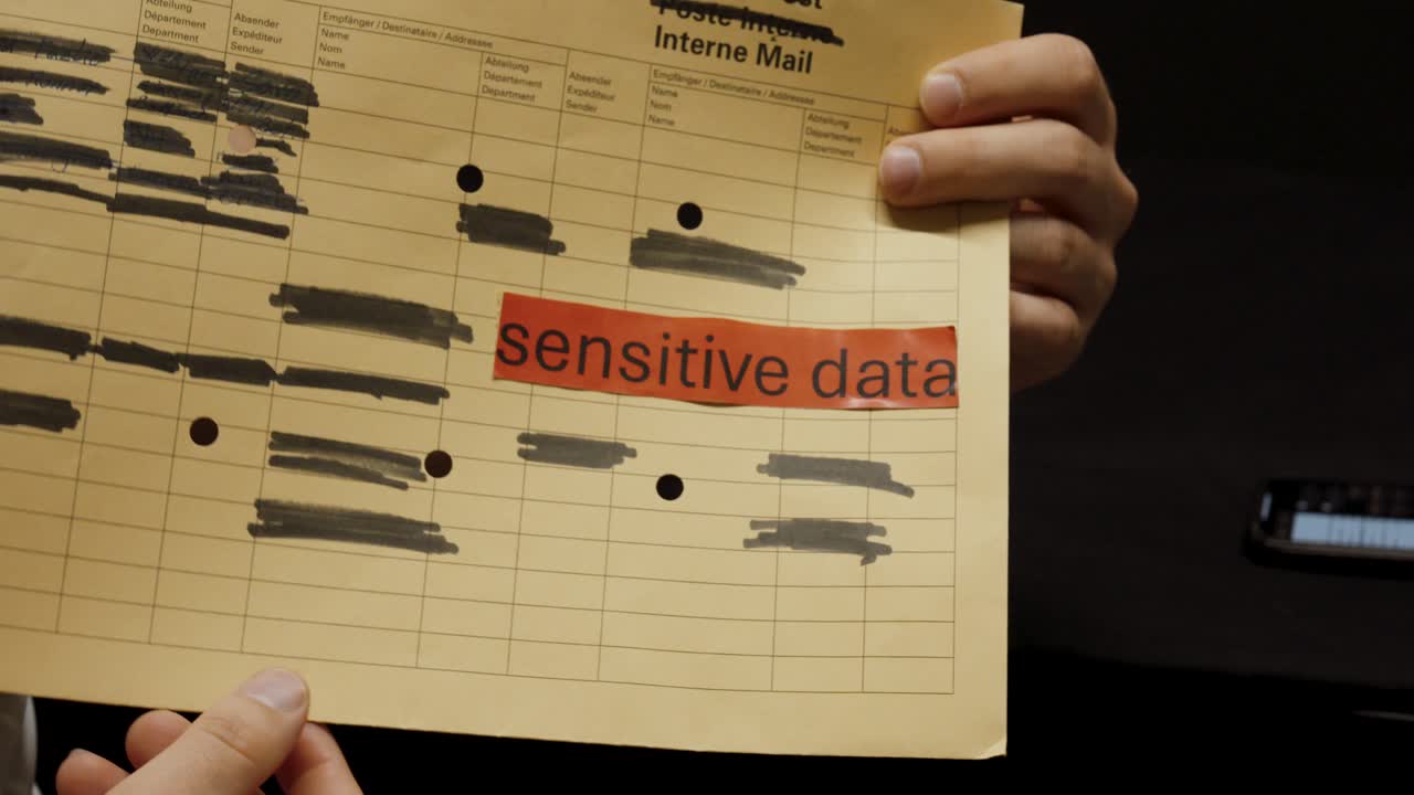 A person points to a document labeled “sensitive data,” explaining the importance of redacting and protecting confidential information to ensure data security