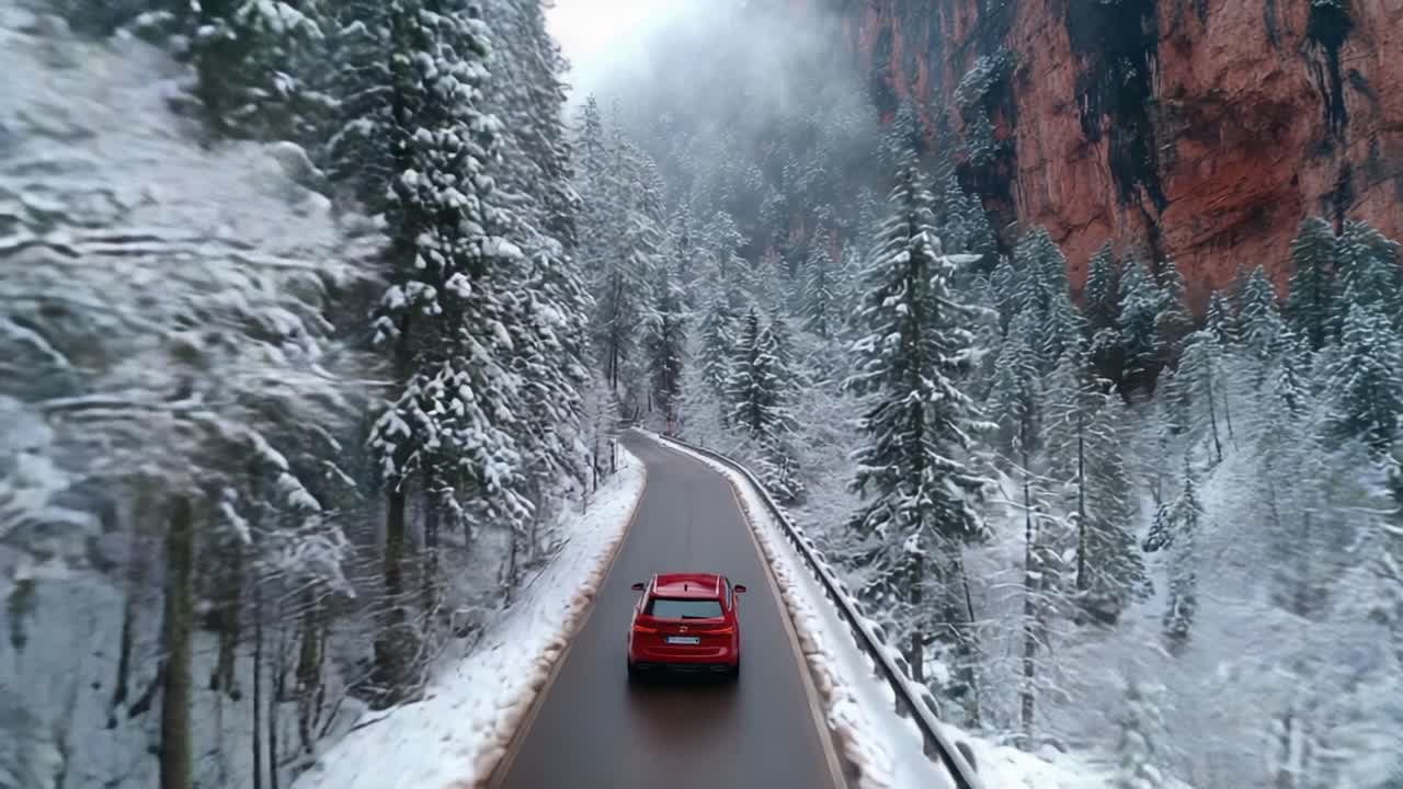 A Scenic Wintry Drive: Captivating Views of Snow-Covered Pines and Majestic Cliffs Along a Serene Mountain Road in the Heart of Winter's Embrace