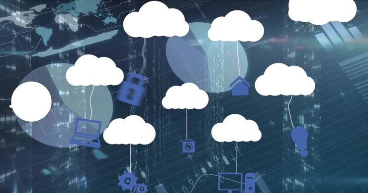 Animation of clouds with icons over data processing on black background