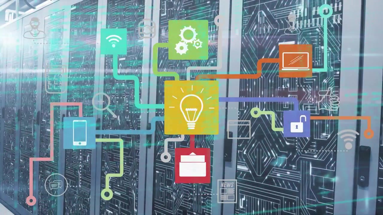 Animation of network of connections with icons and data processing over computer servers