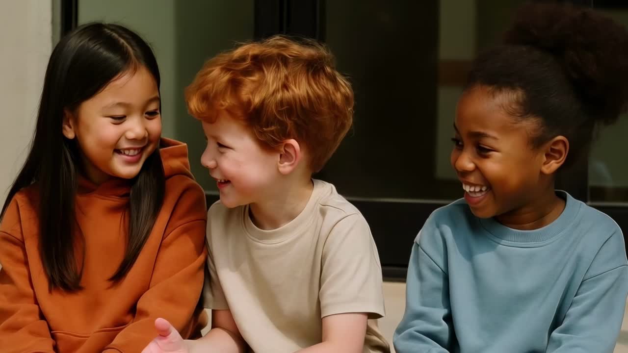 Three children sit indoors, smiling and interacting. The video captures them from a medium angle