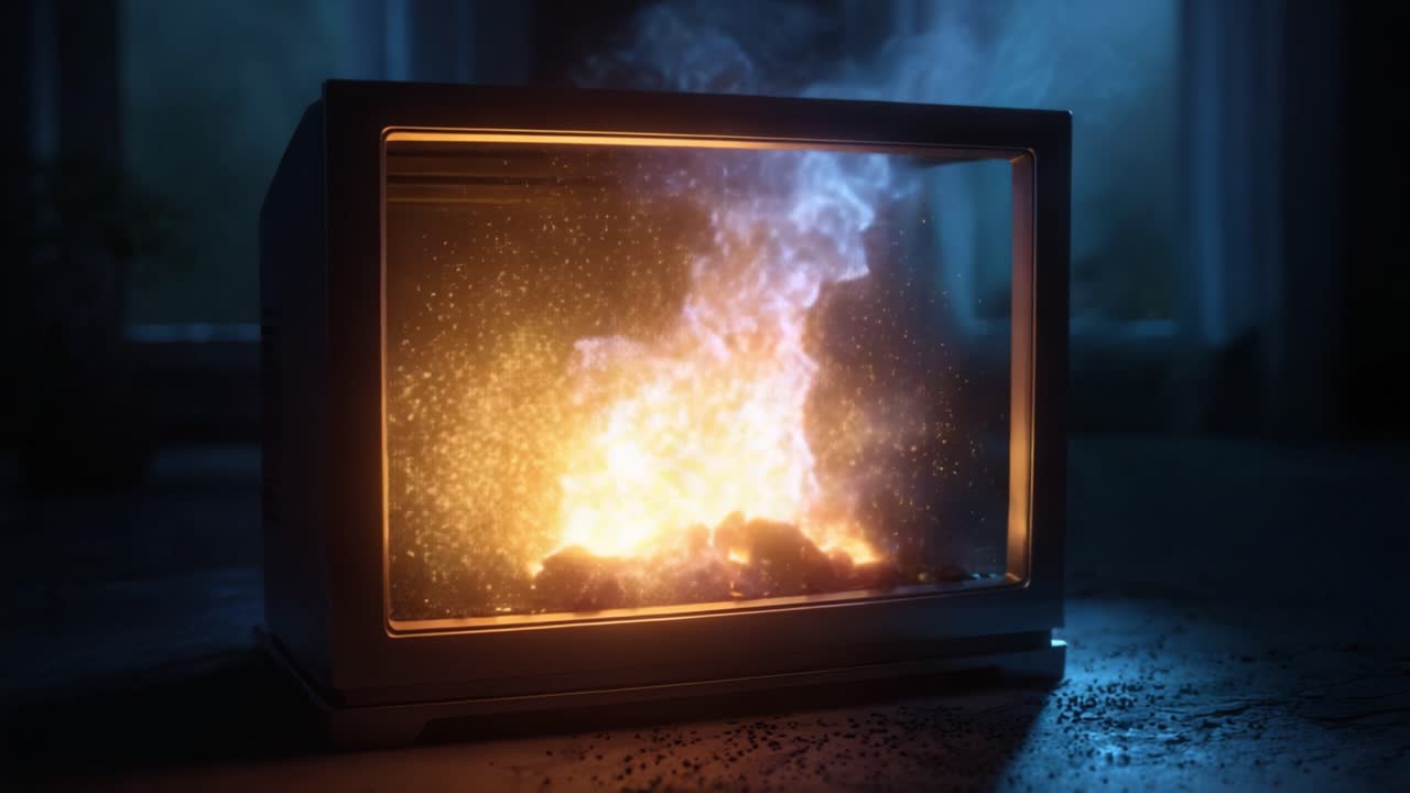Un vivido spettacolo di fiamme e scintille erutta da un camino moderno, catturando un'intensa miscela di colori e texture che illuminano l'ambiente circostante con calore.