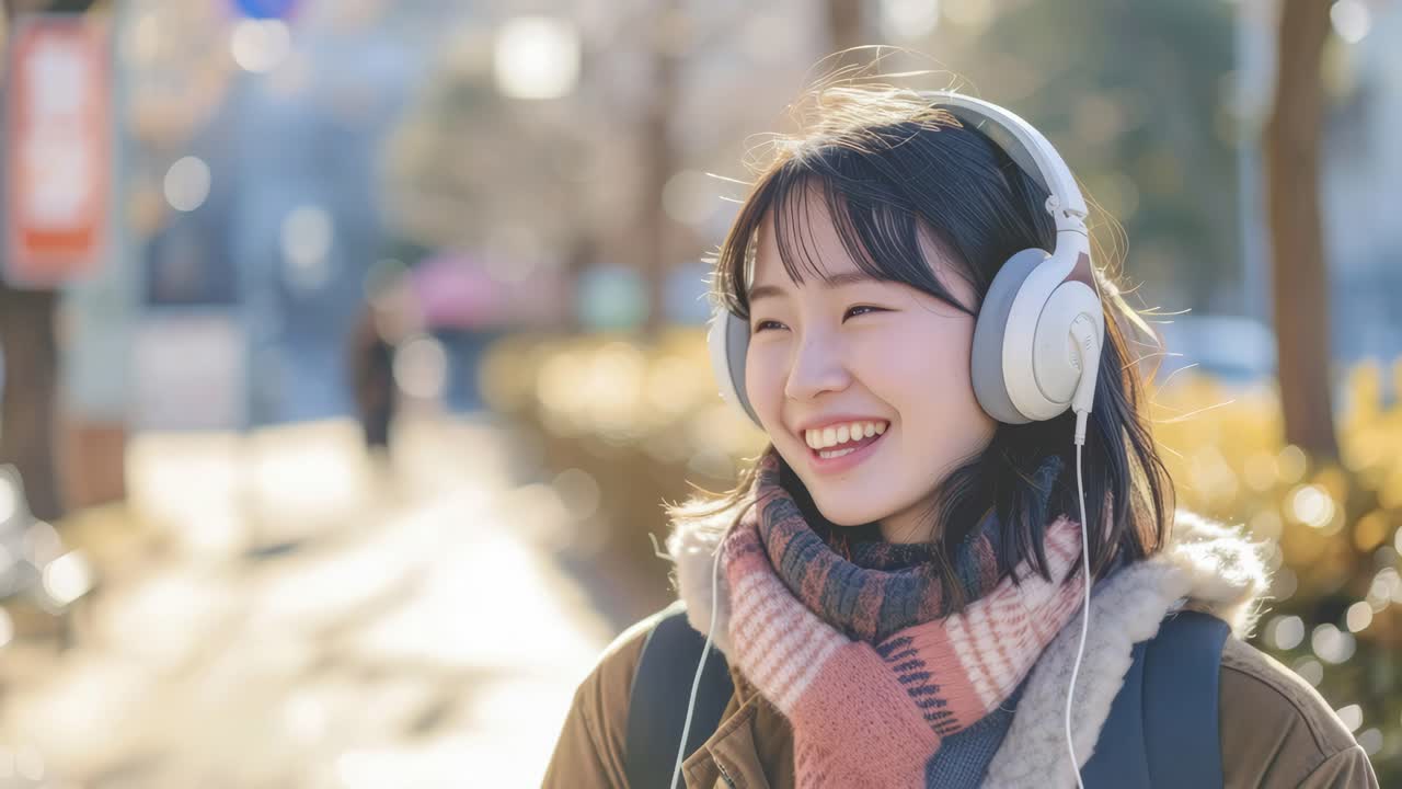 ヘッドホンを付けた陽気な若い女性が屋外で音楽を楽しんでいます。自然なアングルで撮影された動画です。