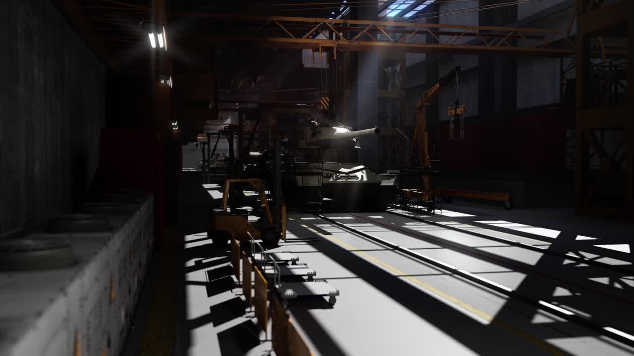 Char d’assaut militaire dans un hangar de fabrication