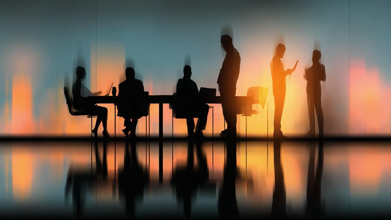 Business Meeting Silhouettes: A Dynamic Exchange Between Professionals with a Stunning Cityscape at Dusk Reflecting Innovation and Collaboration