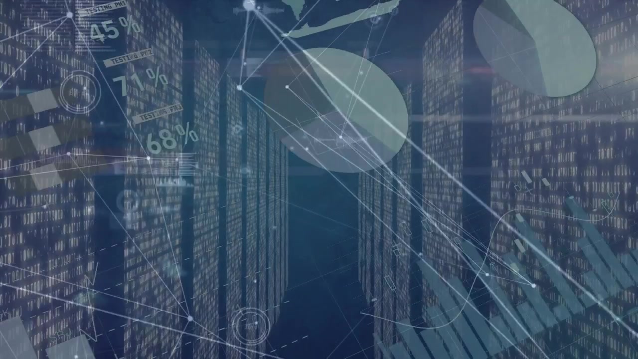 Animation of statistical data processing and network of connections against blue background