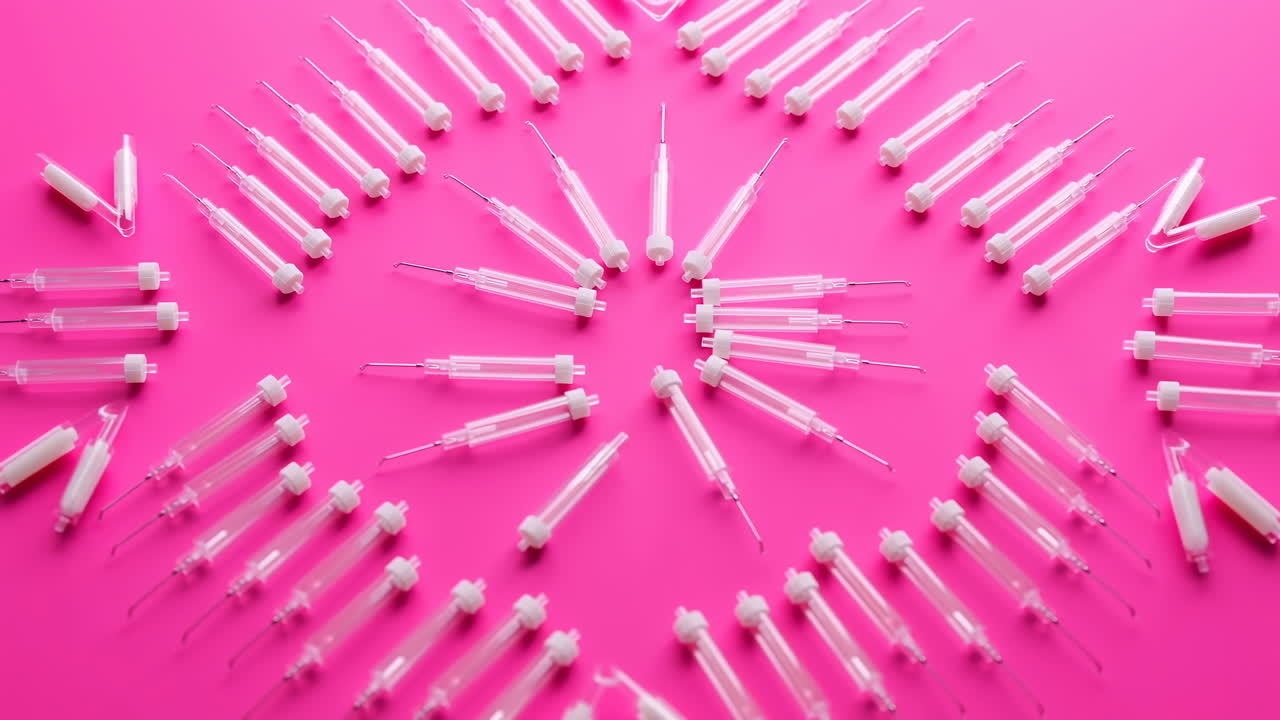 Siringhe disposte su sfondo rosa