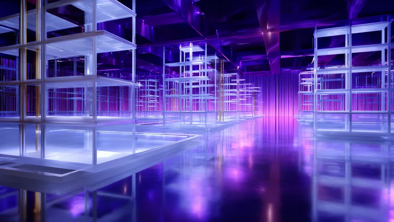 A Futuristic Abstract Space with Glowing Shelves and Vibrant Neon Lighting Creating an Ethereal Atmosphere in a Modern Venue, Inviting Imagination and Exploration in a Visually Stunning Environment
