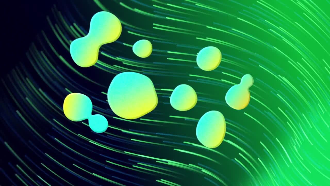 animación de formas líquidas de gradiente sobre rastros de luz verde contra un fondo negro