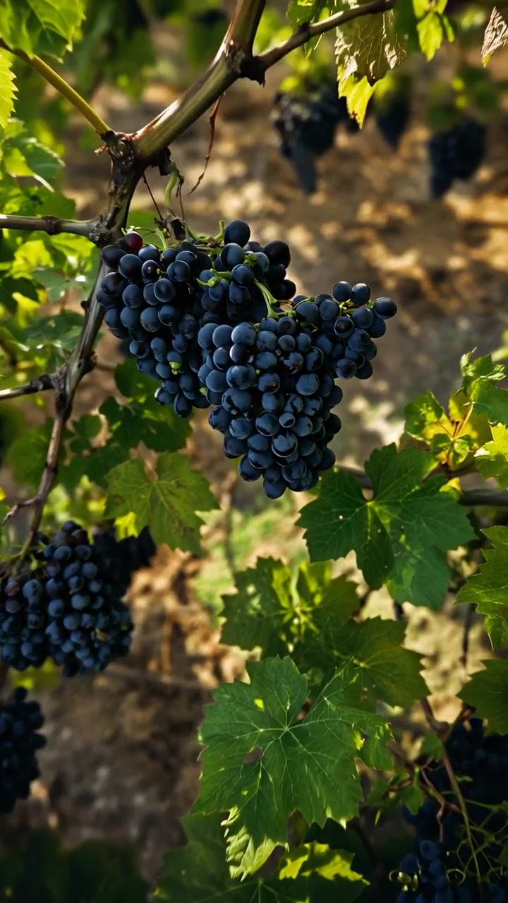 Primo piano di uva che cresce su viti di legno in un vigneto, circondata da lussureggianti foglie verdi e uva scura, catturando la bellezza serena e naturale dell'agricoltura e della produzione vinicola, ideale