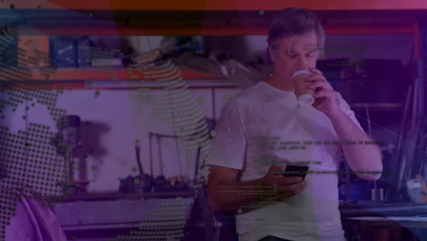 craftsman sipping coffee and using smartphone in factory workshop, featuring floating data overlay