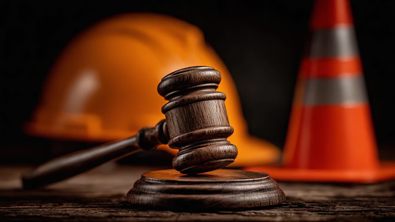 Una prospettiva ravvicinata di un martelletto di legno che simboleggia la giustizia, accompagnato da un casco di sicurezza e un cono stradale, a rappresentare le normative sul posto di lavoro e la conformità alla sicurezza.