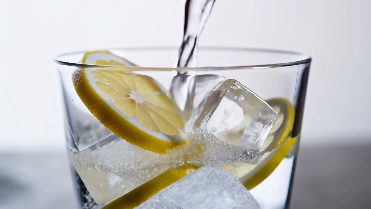 Refreshing Water Poured into Glass with Ice and Lemon