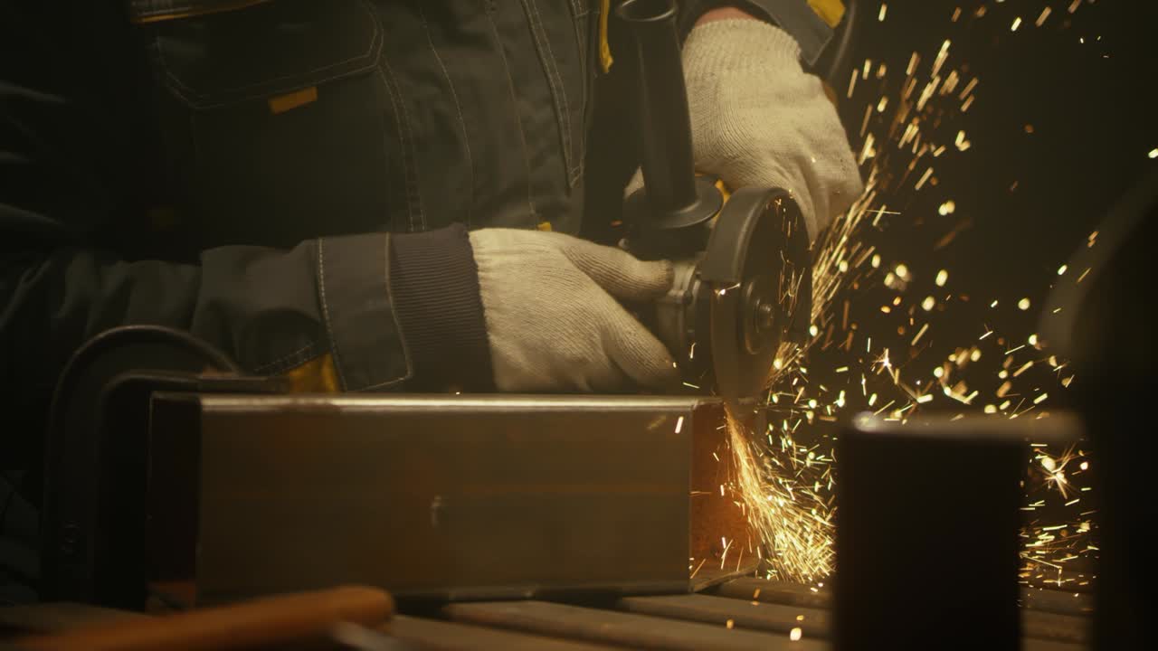 trabajador industrial cortando metal con muchas chispas afiladas. interior de la planta de maquinaria de la industria pesada con trabajador industrial cortando un tubo de metal. fábrica de metal y hierro. cámara lenta. video 4k. rodado en rojo