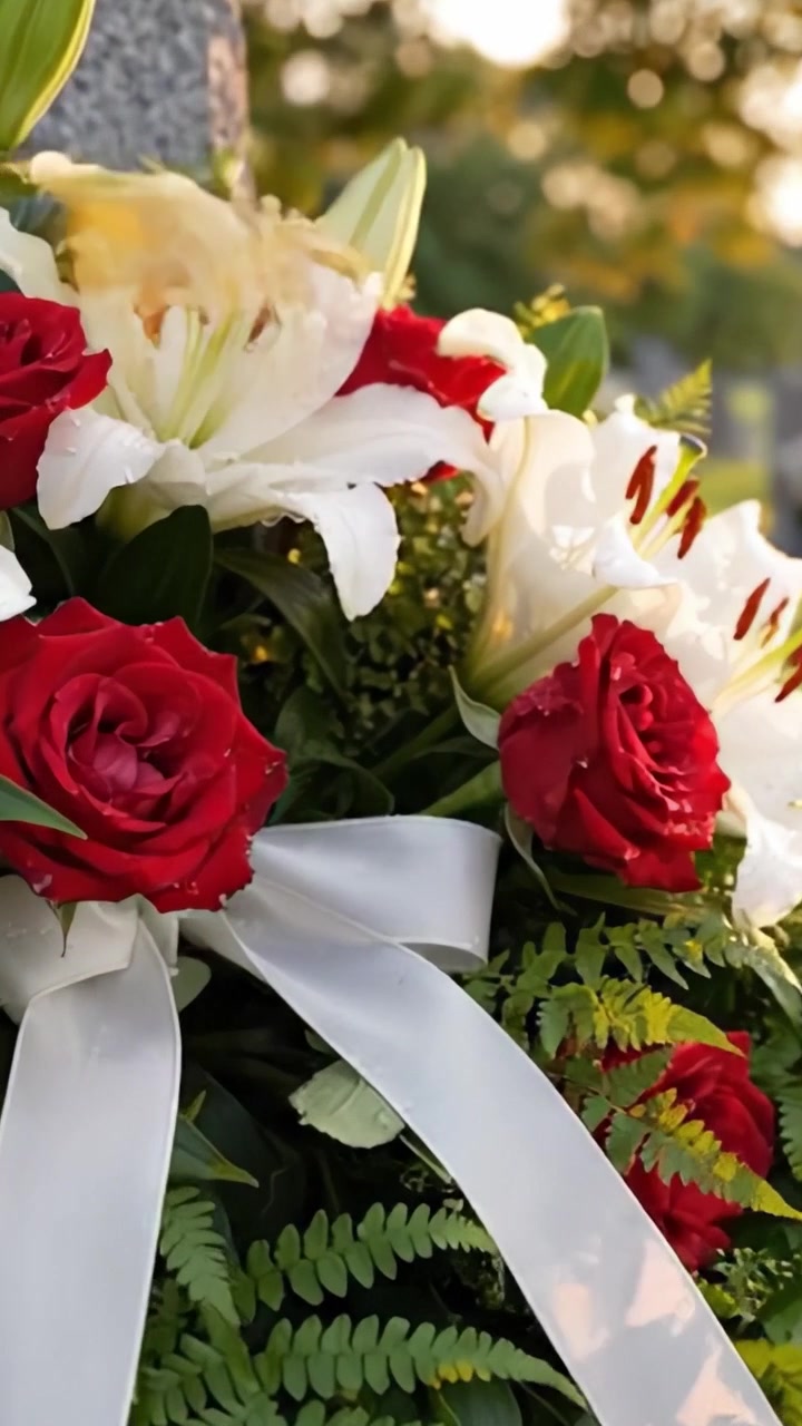 Una splendida composizione di rose rosse e gigli bianchi adornata con verde e nastri eleganti in un luogo commemorativo in una morbida luce dorata.
