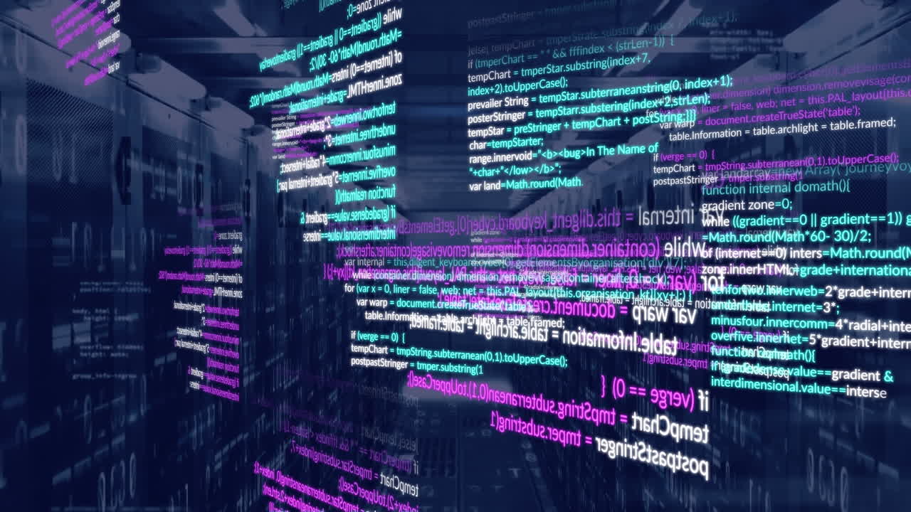 animation du traitement des données et du codage binaire contre la salle de serveur informatique