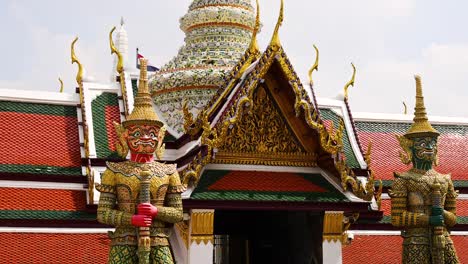 ornate temple architecture with guardian statues