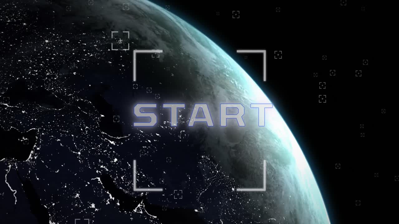 animación del texto de inicio, los visores y el globo giratorio sobre fondo negro