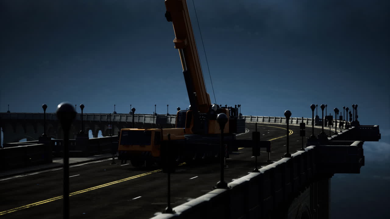 Construction work on a quiet bridge under a starry night sky