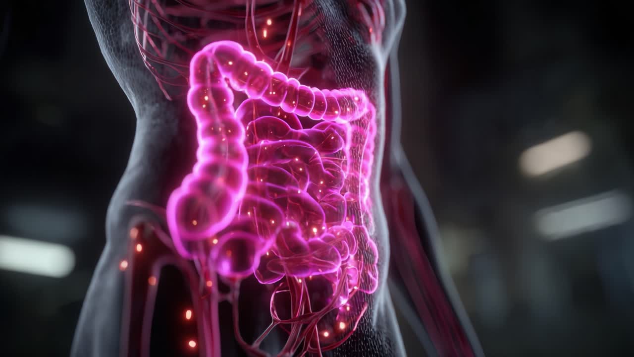 Una Visualizzazione Dettagliata del Sistema Digestivo Umano che Evidenzia l'Intestino con Accenti al Neon, Mostrando le Complessità dell'Anatomia Umana con Colori Vivaci