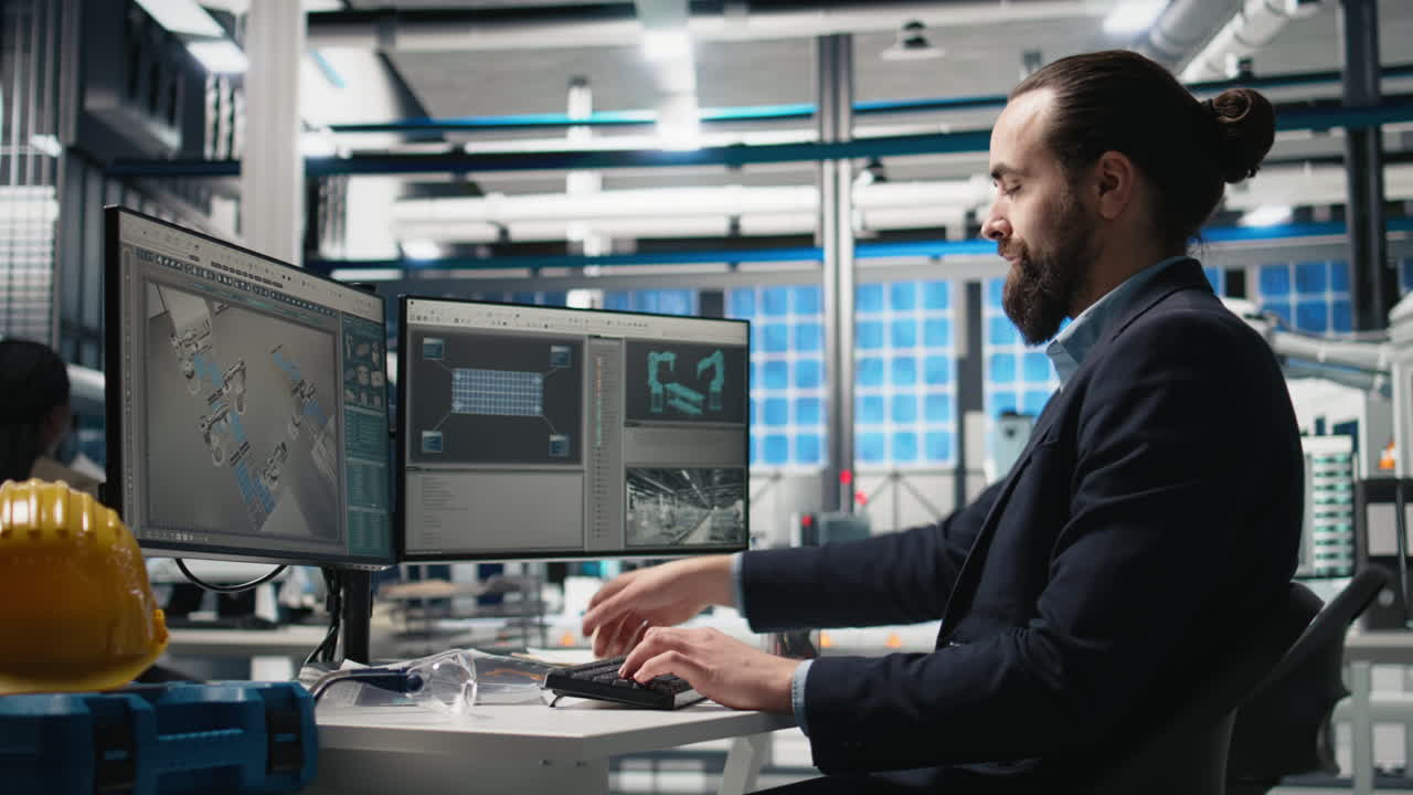 инженер, работающий на компьютере на фабрике