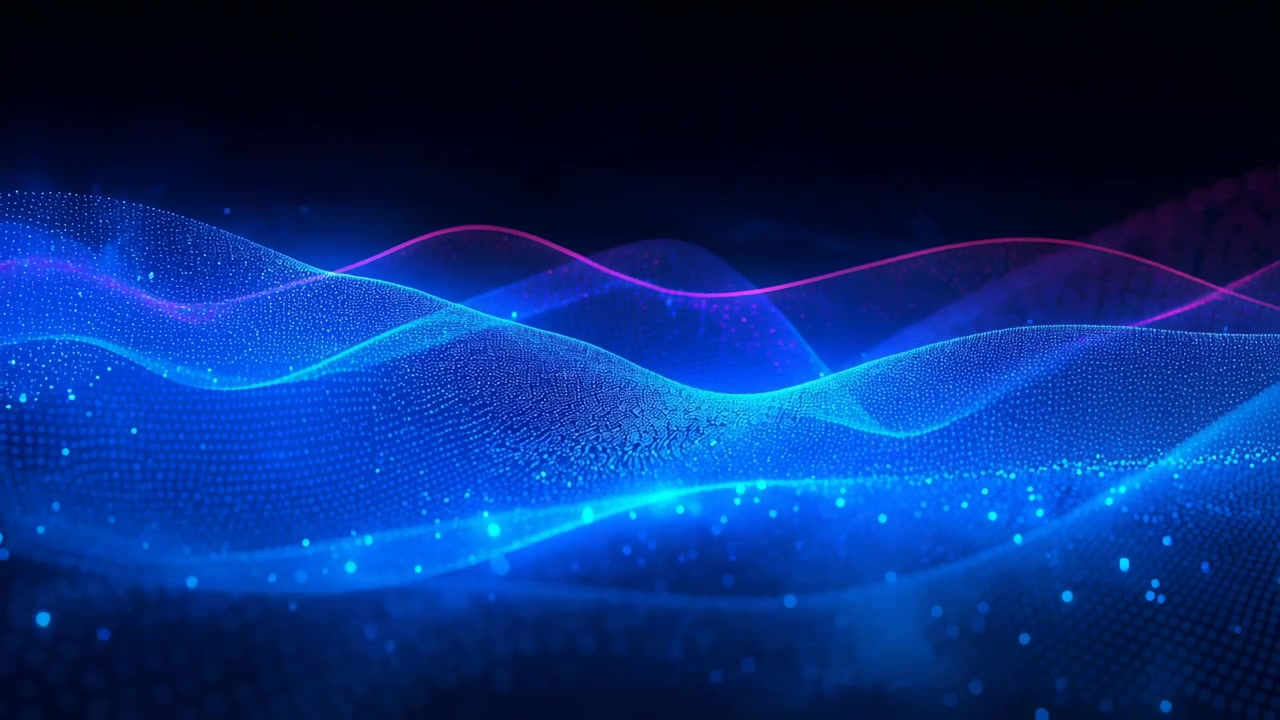 Rising blue mesh waveform after pulse, undulating across dark void with magenta sine and dots