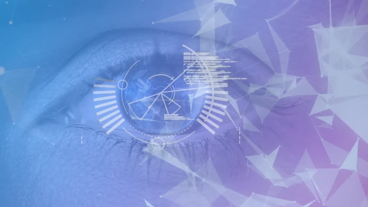 Animation of scope scanning, data processing and networks of connections over woman's eye