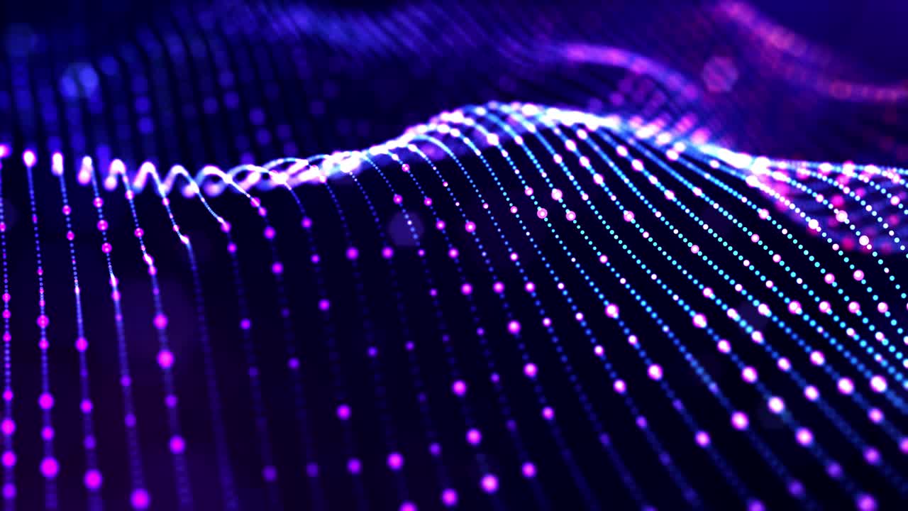Glow blue particles form lines, surfaces, complex string structures in smooth motion like in microworld or space. 4k looped sci-fi particle background with bokeh and light effects.