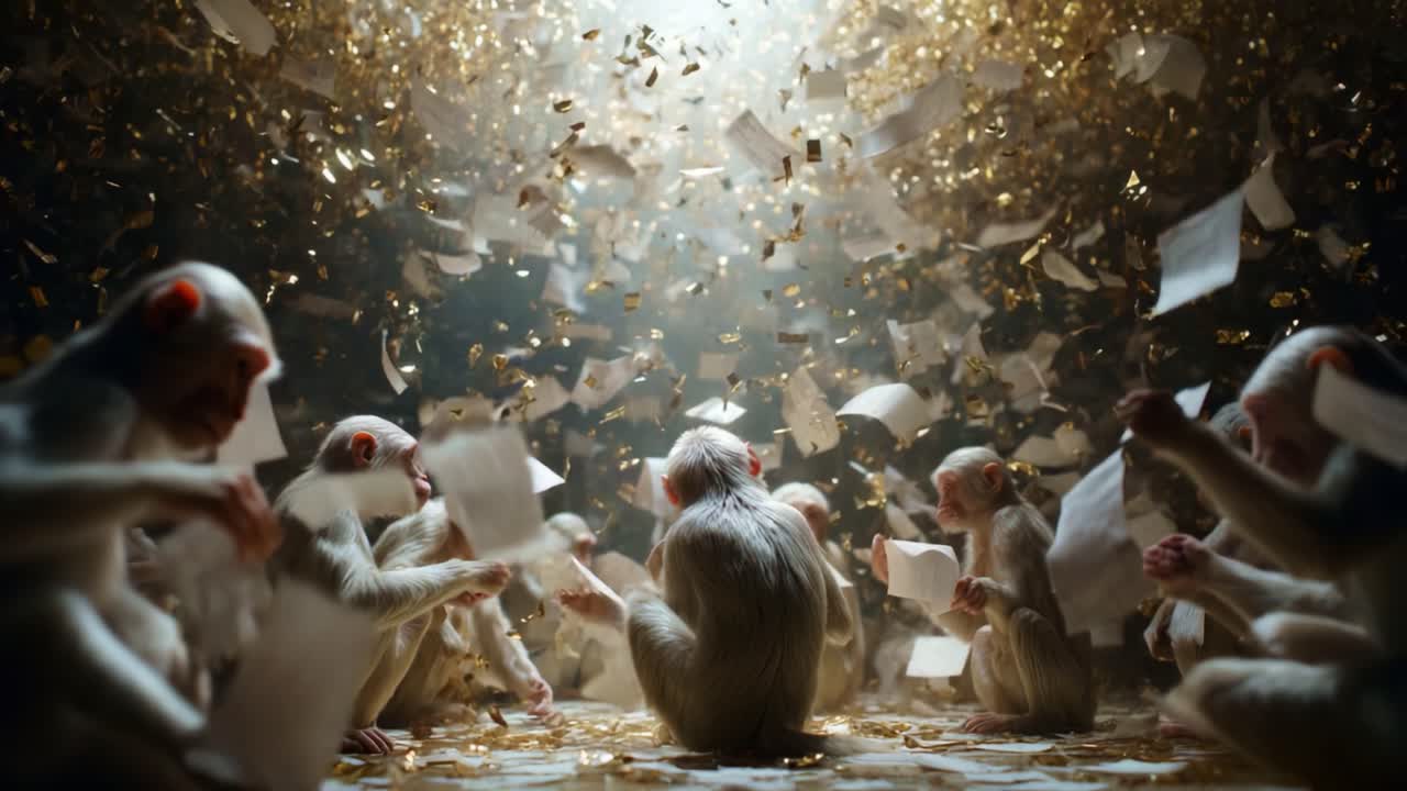 A Curious Group of Monkeys Surrounded by Falling Papers and Glittering Confetti, Engaged in Playful Exploration and Enthusiastic Interaction Amidst a Dreamlike Environment