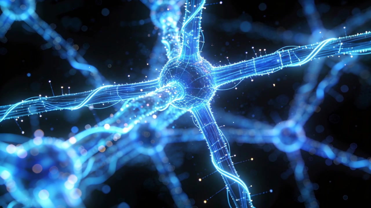 Brightening central neuron soma sending pulses along dendrites, axons toward synapses in dark field