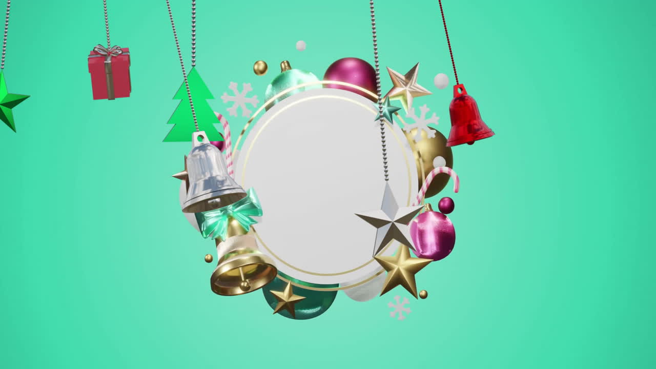 Animation of christmas baubles over circle with copy space and christmas decorations