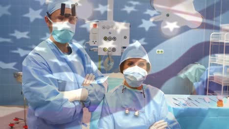 Animation-of-flag-of-usa-waving-over-surgeons-in-operating-theatre