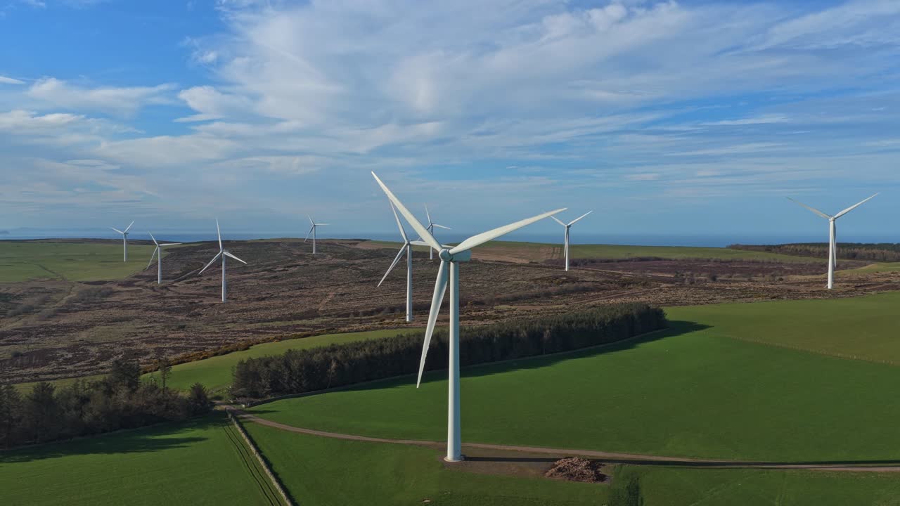Aerial view of wind turbines generating renewable energy