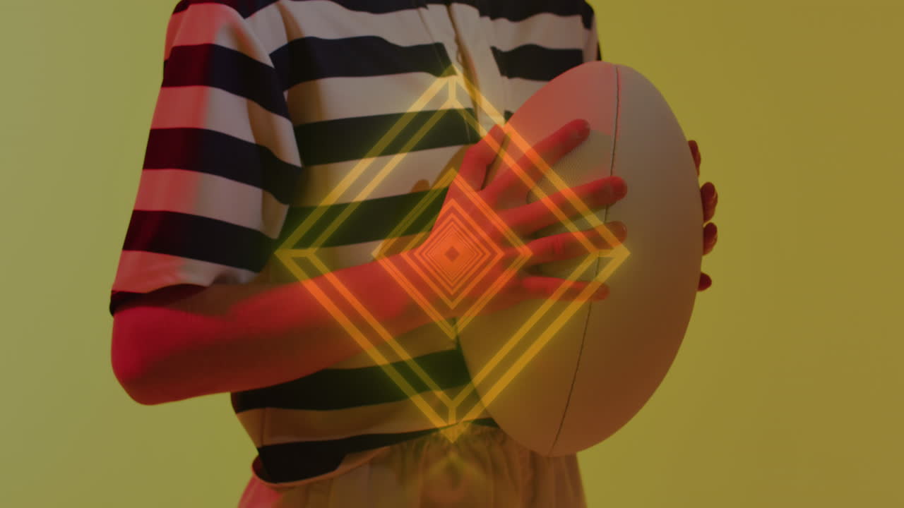 여자 럭비 선수가 공을 들고 있는 네온 조명의 애니메이션