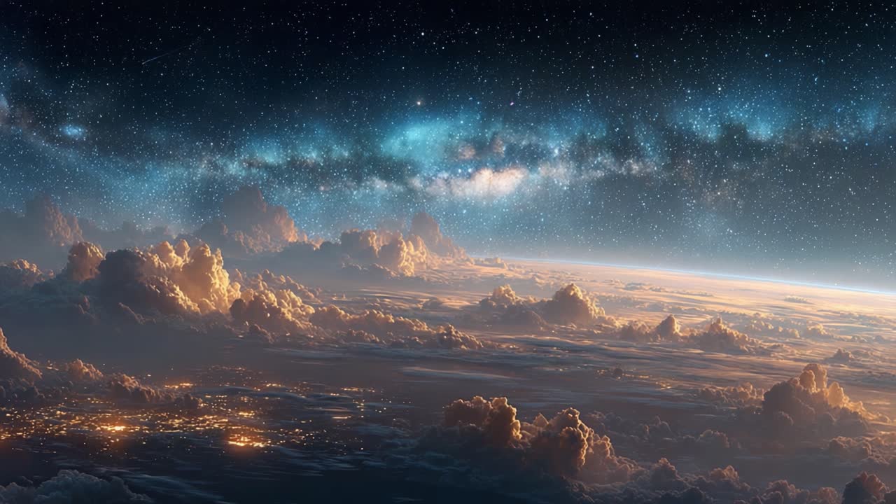 Stunning Cosmic View: A Breathtaking Perspective of the Night Sky and Milky Way Glimmering Above Endless Clouds in a Serene, Vast Expanse of Space