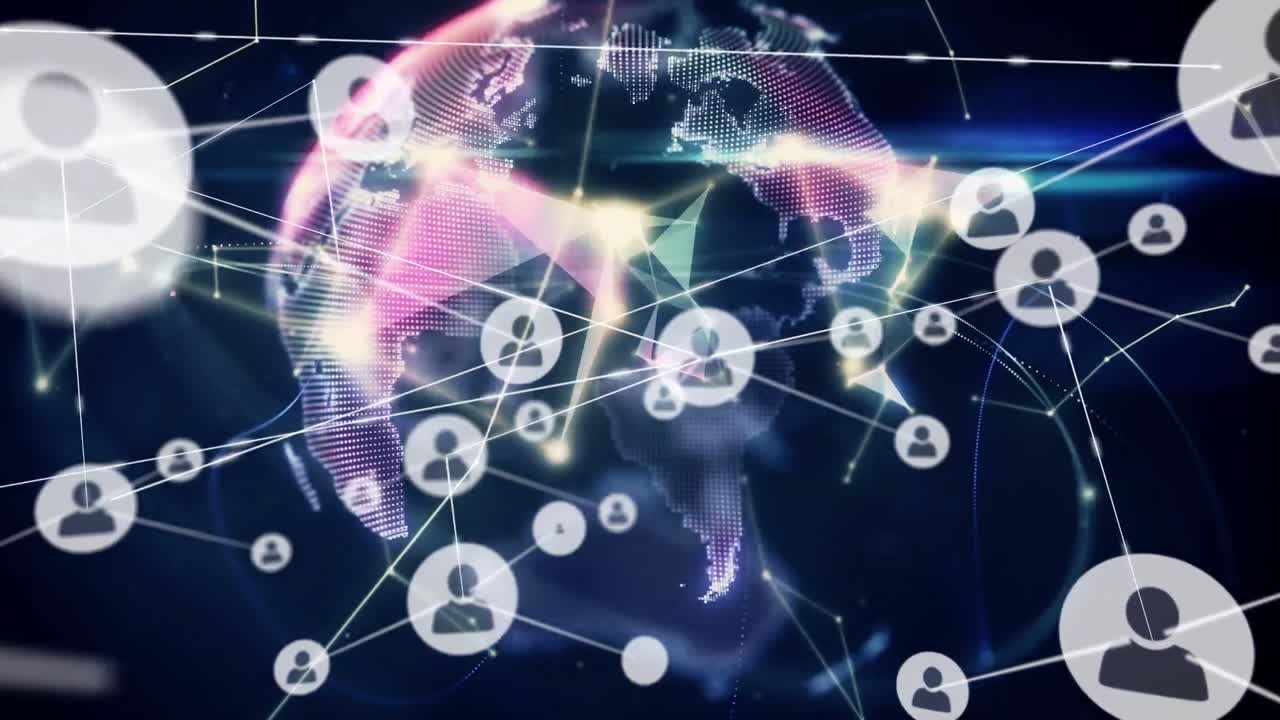 빛나는 반점이 있는 전 세계에 있는 사람들과의 연결 네트워크의 애니메이션 아이콘